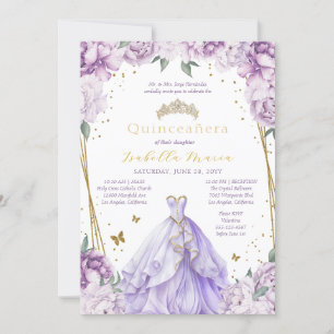 Purple Floral Tiara & Dress Quinceañera Invitation
