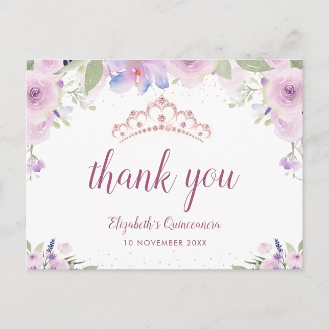 purple floral tiara quinceanera thank you card (Front)