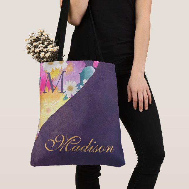 Purple Floral Trendy Girly Initial Name Monogram Tote Bag (Close Up)