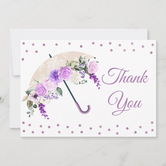 Purple Floral Umbrella Baby Shower Thank You Card (Front)