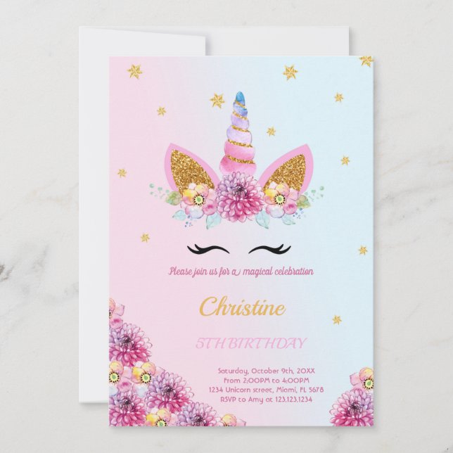 Purple Floral Unicorn birthday invitation (Front)