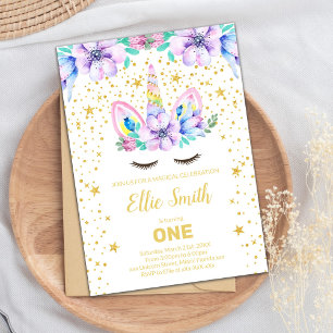 Purple Floral Unicorn Birthday Invitations