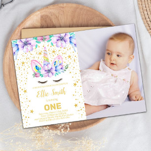 Purple Floral Unicorn Invitations with photo