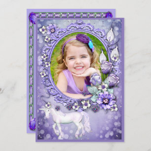 Purple Floral Unicorn Photo Birthday Party Invitation