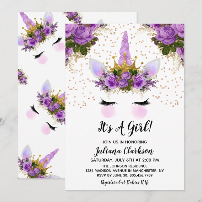 Purple Floral Unicorn Princess Baby Shower Invitation (Front/Back)