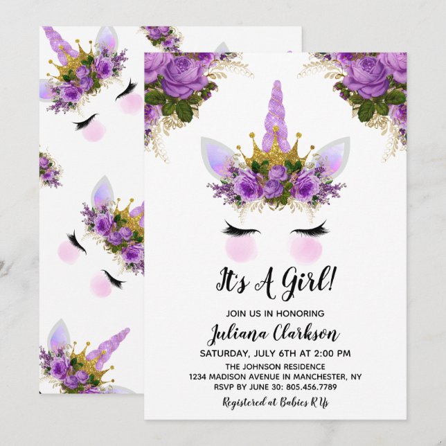 Purple Floral Unicorn Princess Baby Shower Invitation (Front/Back)