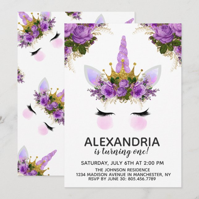 Purple Floral Unicorn Princess Birthday Invitation (Front/Back)