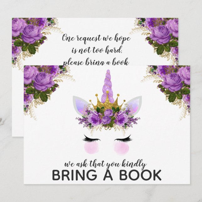 Purple Floral Unicorn Princess Bring A Book Invitation (Front/Back)
