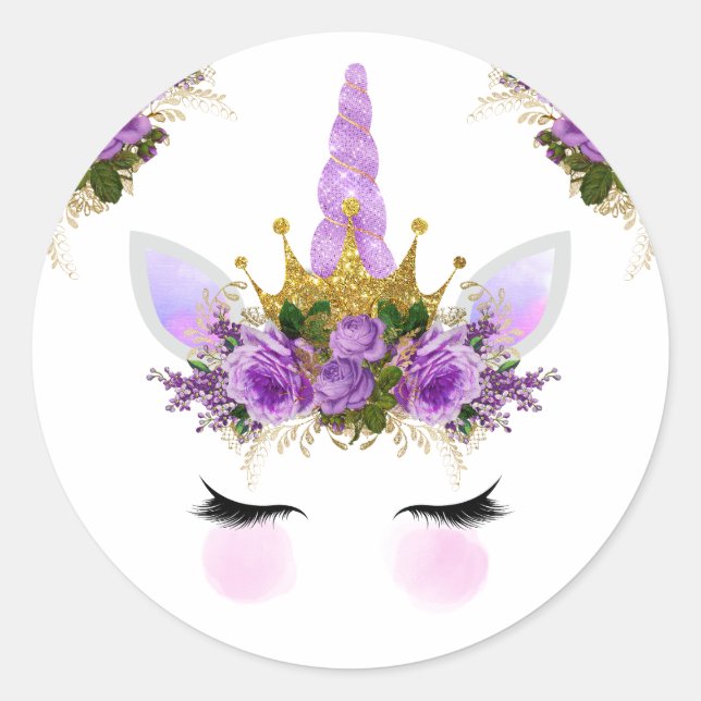 Purple Floral Unicorn Princess Classic Round Sticker (Front)