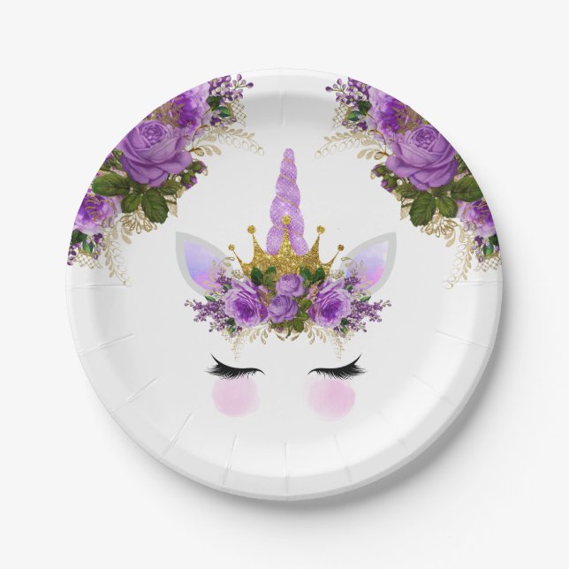 Purple Floral Unicorn Princess Paper Plate (Front)