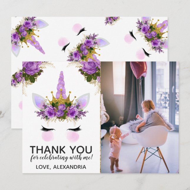 Purple Floral Unicorn Princess Thank You Invitation (Front/Back)