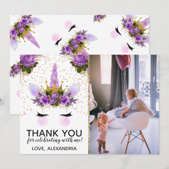 Purple Floral Unicorn Princess Thank You Invitation (Front/Back)