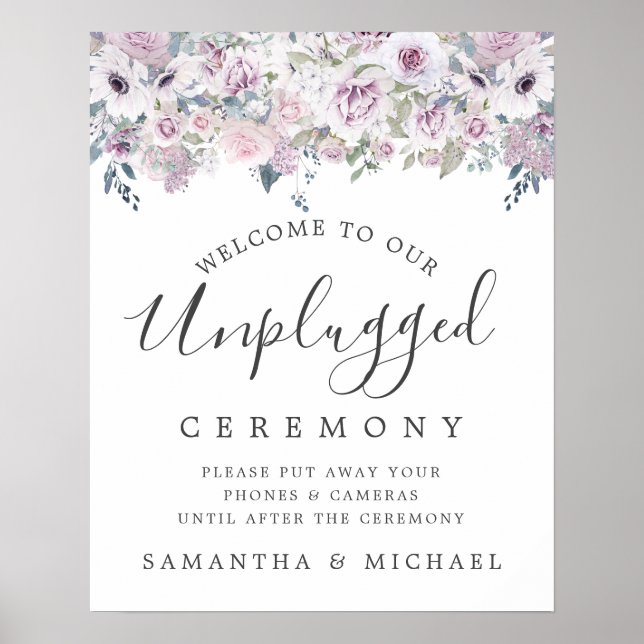 Purple Floral Unplugged Wedding Ceremony Sign (Front)