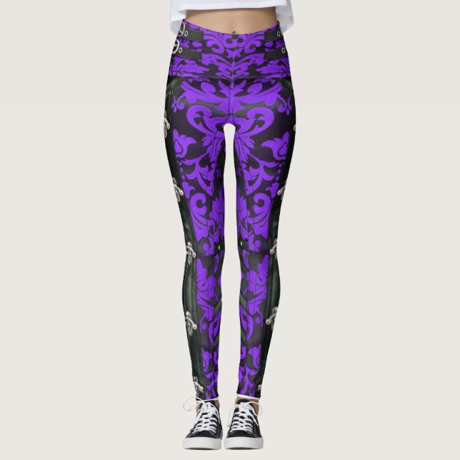 Purple Floral Victorian Steampunk Spandex Leggings (Front)
