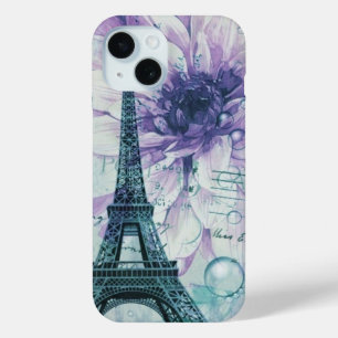 purple floral Vintage Paris Eiffel Tower iPhone 15 Case