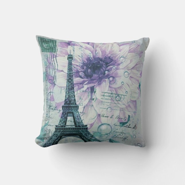 purple floral Vintage Paris Eiffel Tower Cushion (Front)