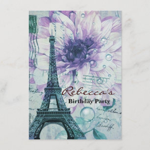 purple floral Vintage Paris Eiffel Tower Invitation