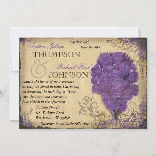 Purple Floral Vintage Wedding Invitation (Front)