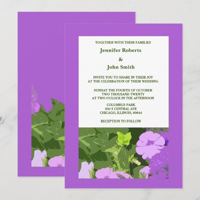 Purple Floral  Violet Flowers Green Leaves Wedding Invitation (Front/Back)