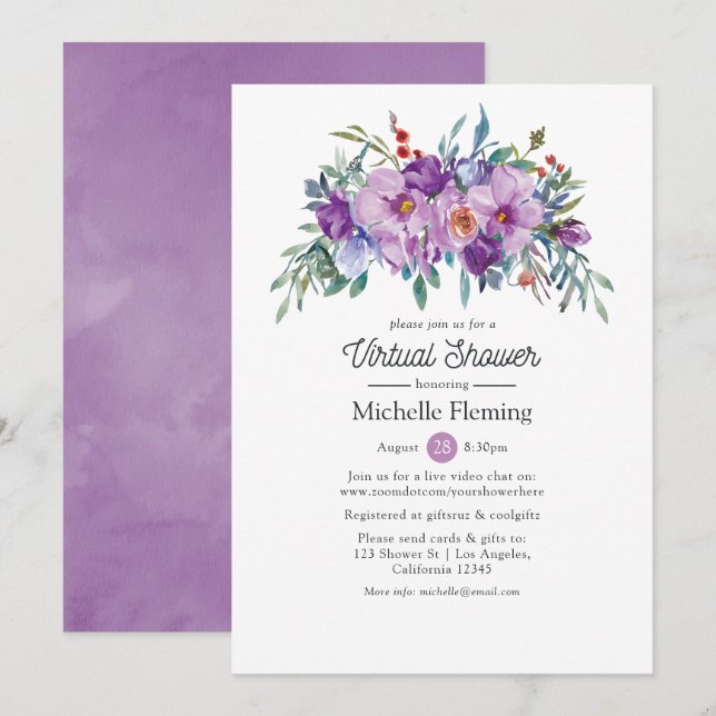 Purple Floral Virtual Baby or Bridal Shower Invitation (Front/Back)