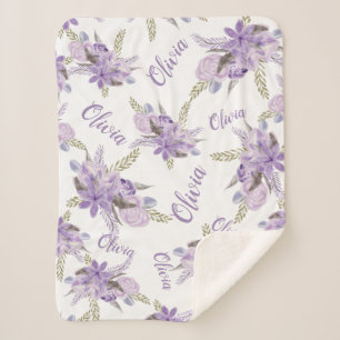 Purple floral watercolor Baby Girl Name script Sherpa Blanket
