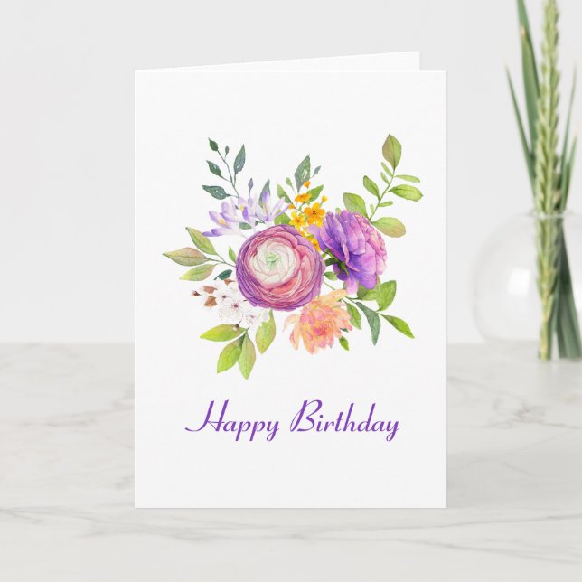 Purple Floral Watercolor Birthday Card (Front)