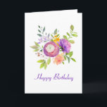 Purple Floral Watercolor Birthday Card<br><div class="desc">Send her a beautiful birthday card that she'll treasure. Purple,  white and yellow summer flowers nestle in soft green leaves. Happy Birthday is written below the flowers and on the inside. Both can be customised separately to make your birthday wishes unique.</div>