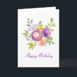 Purple Floral Watercolor Birthday Card<br><div class="desc">Send her a beautiful birthday card that she'll treasure. Purple,  white and yellow summer flowers nestle in soft green leaves. Happy Birthday is written below the flowers and on the inside. Both can be customised separately to make your birthday wishes unique.</div>