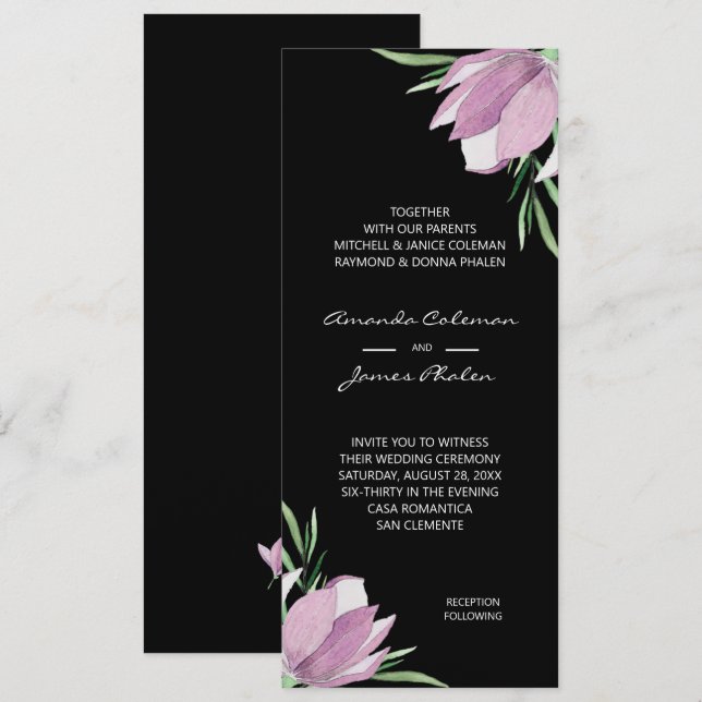 Purple Floral Watercolor Black Wedding  Invitation (Front/Back)