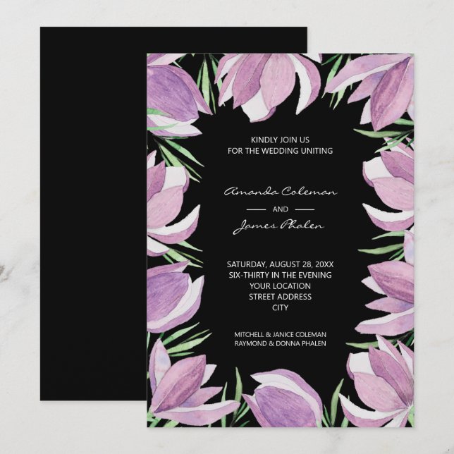 Purple Floral Watercolor Black Wedding Invitation (Front/Back)