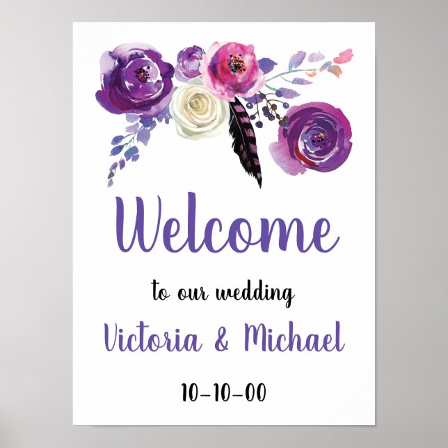 Purple Floral Watercolor Boho Welcome Poster (Front)
