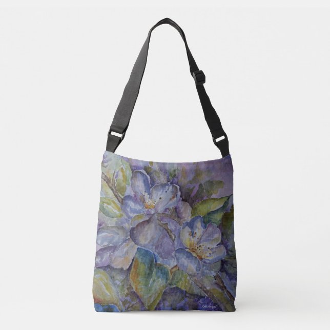 Purple Floral Watercolor Cross Body Tote Bag (Front)