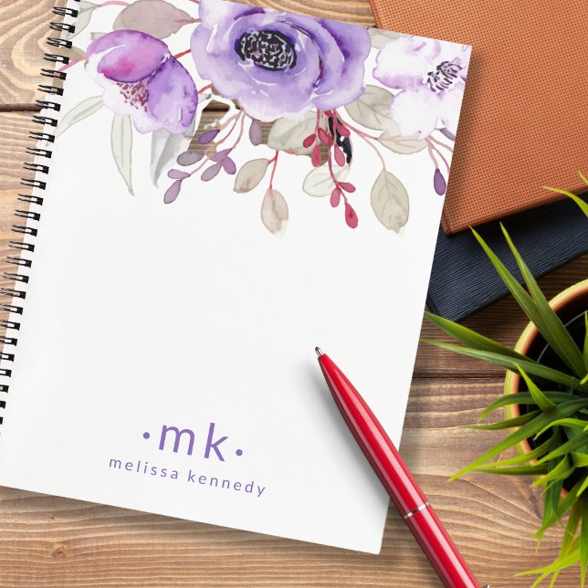 Purple Floral Watercolor Custom Name Monogram  Notebook (Creator Uploaded)