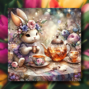 Purple Floral Watercolor Easter Bunny Tea Party Holiday Card