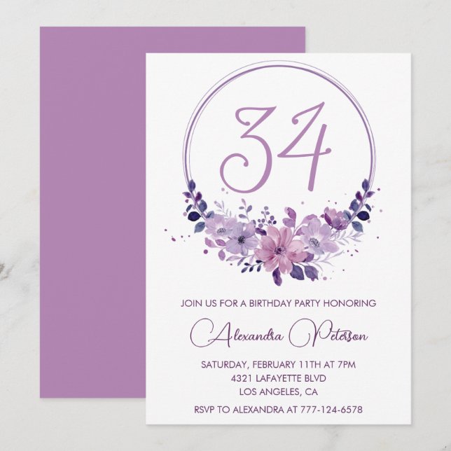  Purple Floral Watercolor Elegant 34th birthday Invitation (Front/Back)