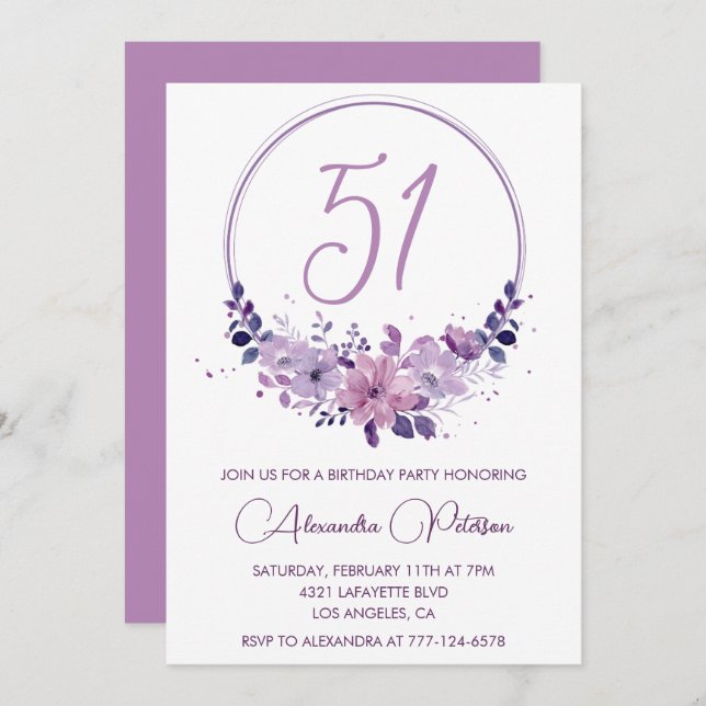  Purple Floral Watercolor Elegant 51st birthday Invitation (Front/Back)