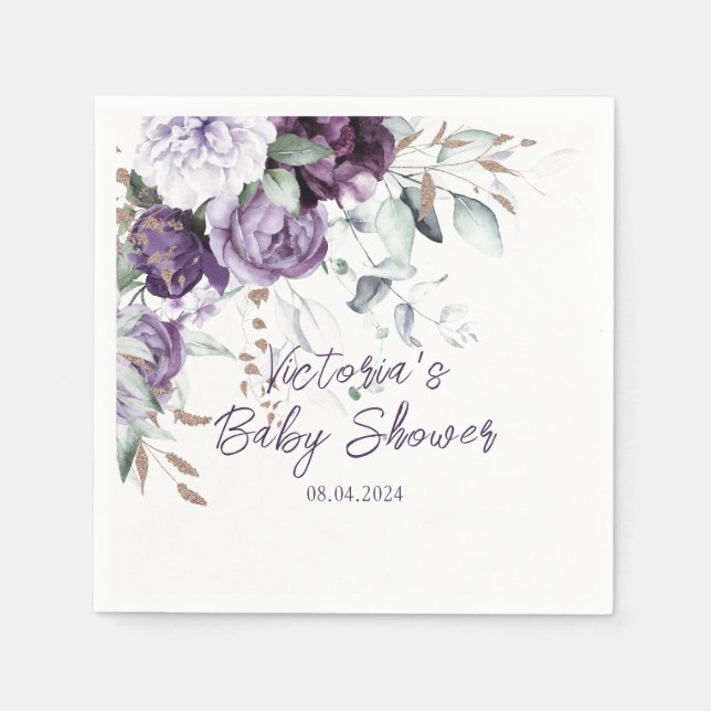 Purple Floral Watercolor Elegant Baby Shower Napkin (Front)