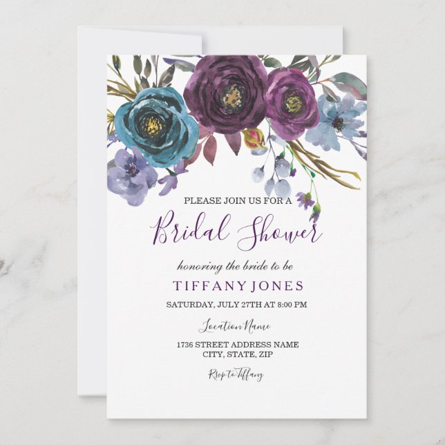 Purple Floral Watercolor Elegant Bridal Shower Invitation (Front)