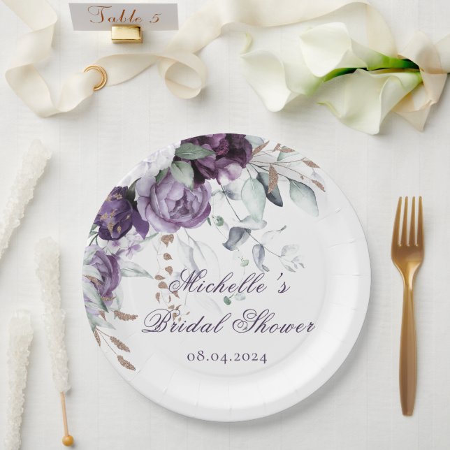 Purple Floral Watercolor Elegant Bridal Shower Paper Plate (Wedding)