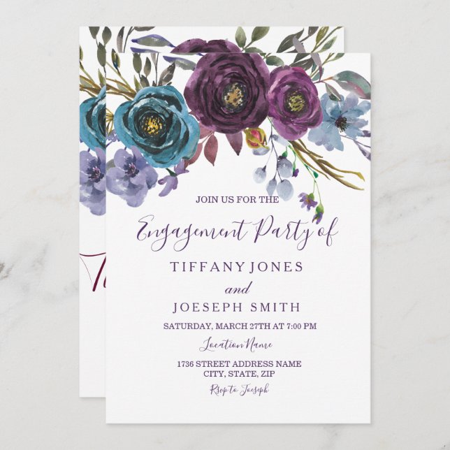 Purple Floral Watercolor Elegant Engagement Party Invitation (Front/Back)