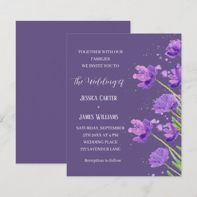 Purple Floral Watercolor Elegant Simple Wedding (Front/Back)