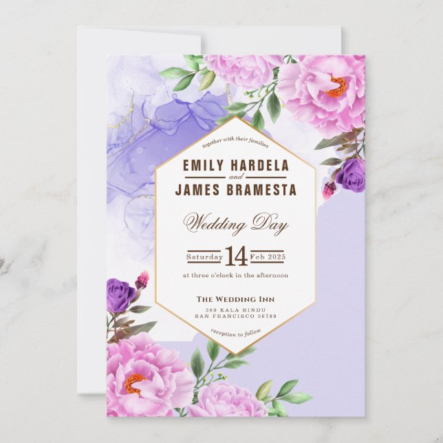 Purple Floral Watercolor Framed Budget Wedding Invitation (Front)