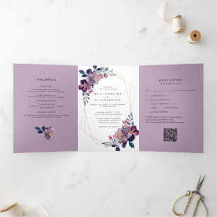 Purple Floral Watercolor Geometric QR Code Wedding Tri-Fold Invitation