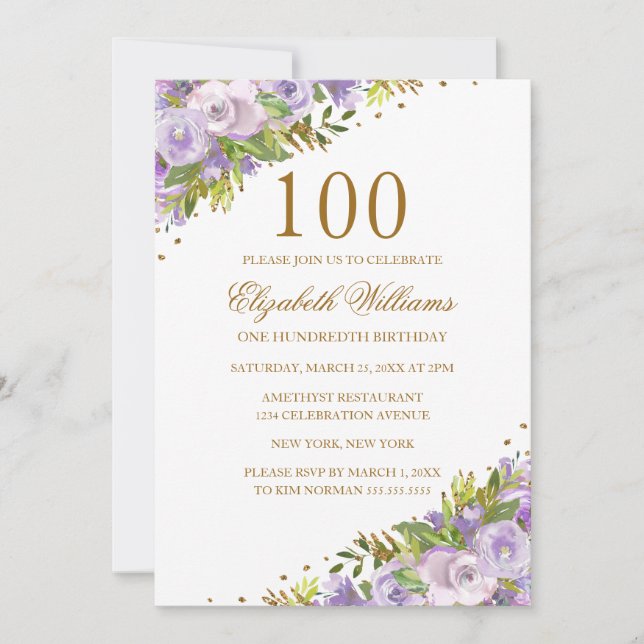 Purple Floral Watercolor Gold 100th Birthday Invitation (Front)