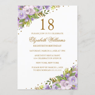 Purple Floral Watercolor Gold 18th Birthday Invitation
