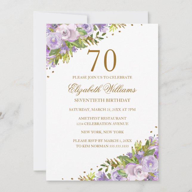 Purple Floral Watercolor Gold 70th Birthday Invitation (Front)