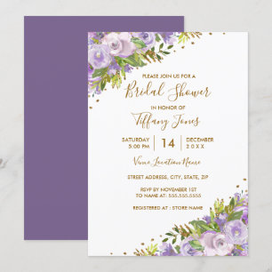 Purple Floral Watercolor Gold Bridal Shower Invitation