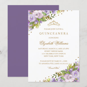 Purple Floral Watercolor Gold Quinceanera Invitation