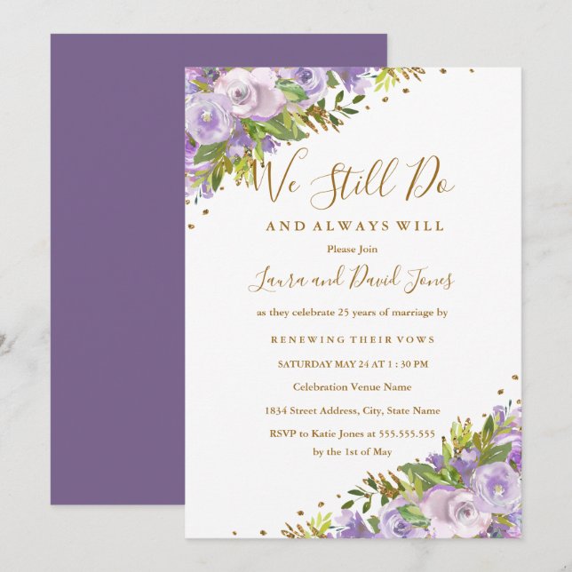 Purple Floral Watercolor Gold Vow Renewal Invitation (Front/Back)