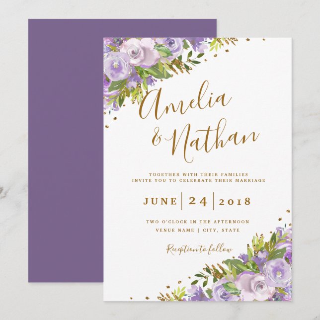Purple Floral Watercolor Gold Wedding Invitation (Front/Back)